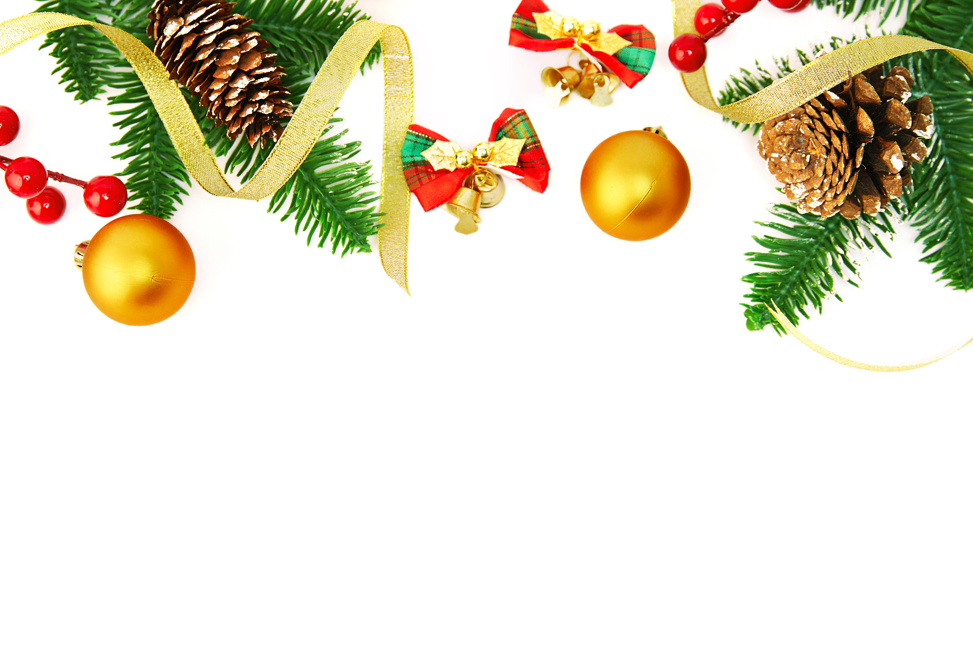 白底糖果松果金色丝带绿叶金色铃铛圣诞节圣诞元素