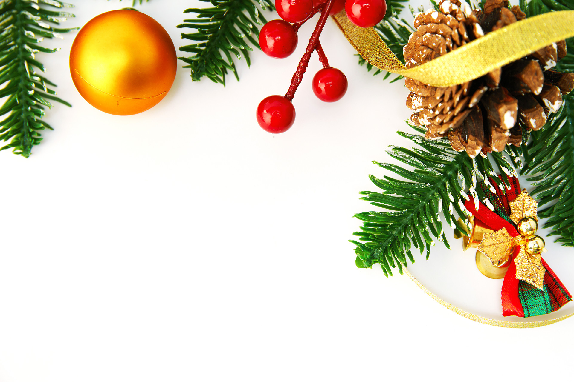 白底丝带松果绿叶红果子金色铃铛圣诞节圣诞元素