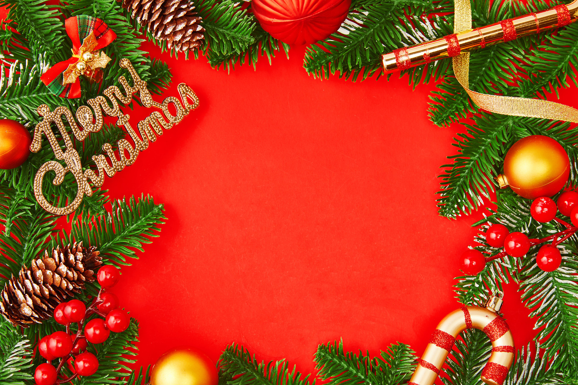 红底圣诞边框人造雪花绿叶红色装饰圣诞节圣诞元素