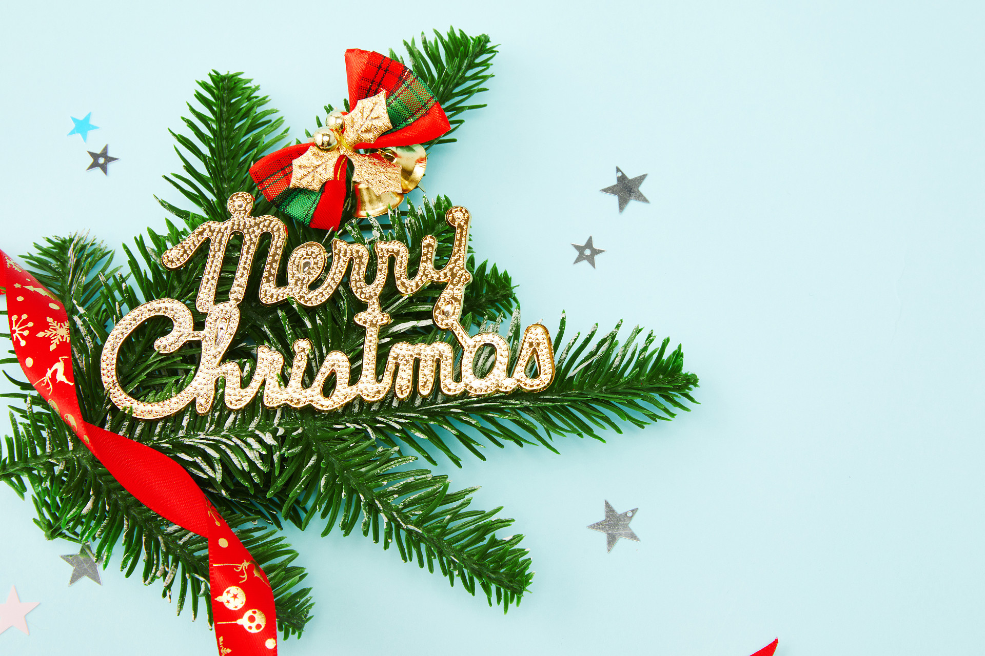 蓝底铃铛丝带圣诞快乐圣诞节圣诞元素