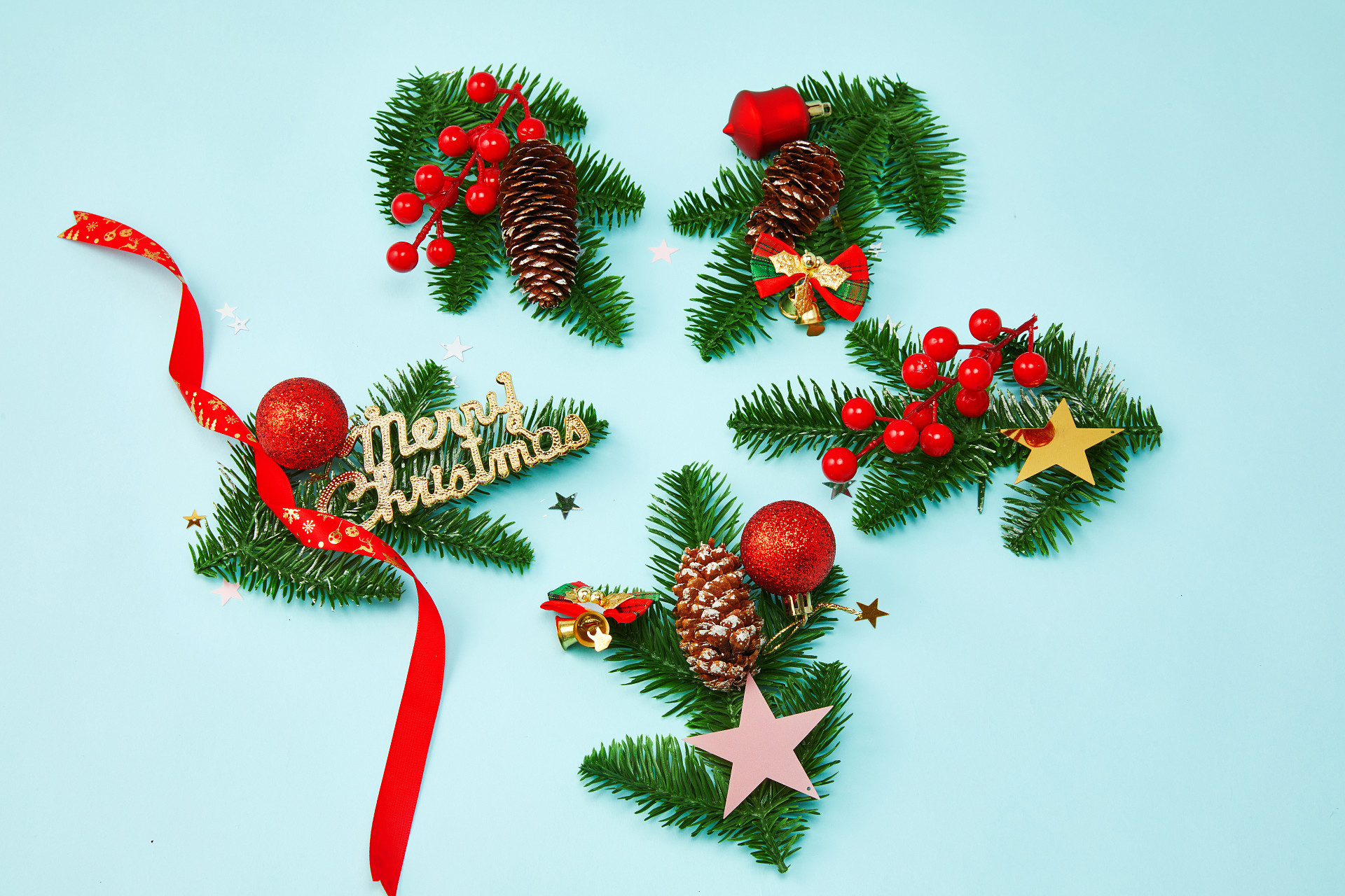 俯视角度蓝底铃铛丝带圣诞快乐圣诞节圣诞元素