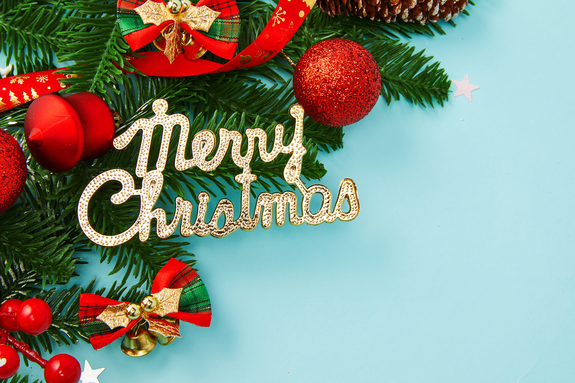 蓝底星星铃铛丝带圣诞快乐圣诞节