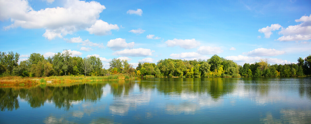 清新明亮大自然山水风景蓝天树林在水中倒影风景图