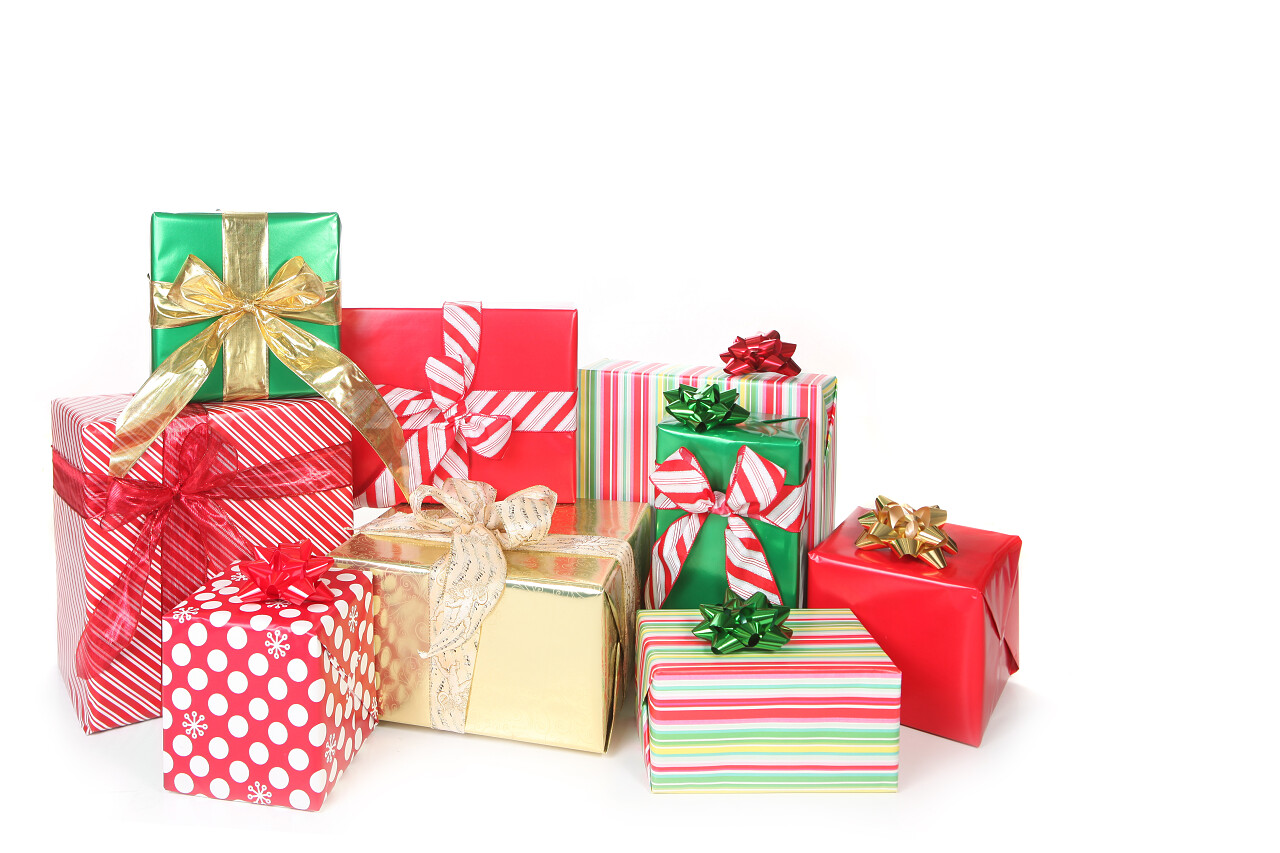 白底红绿彩色圣诞礼物一堆圣诞礼盒