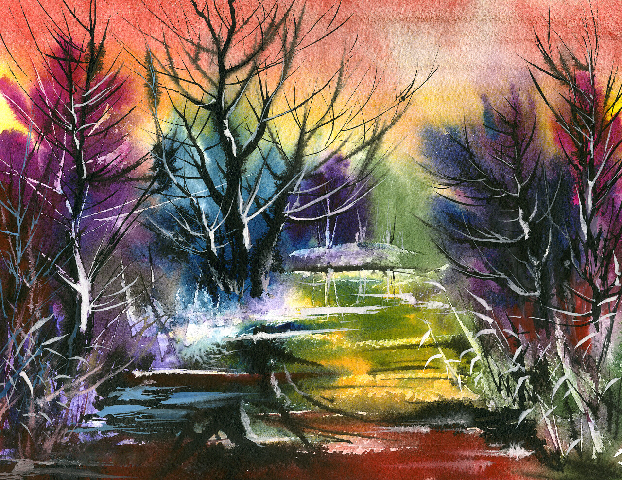 水彩画彩色冬天自然风景湖面倒影树木风景画