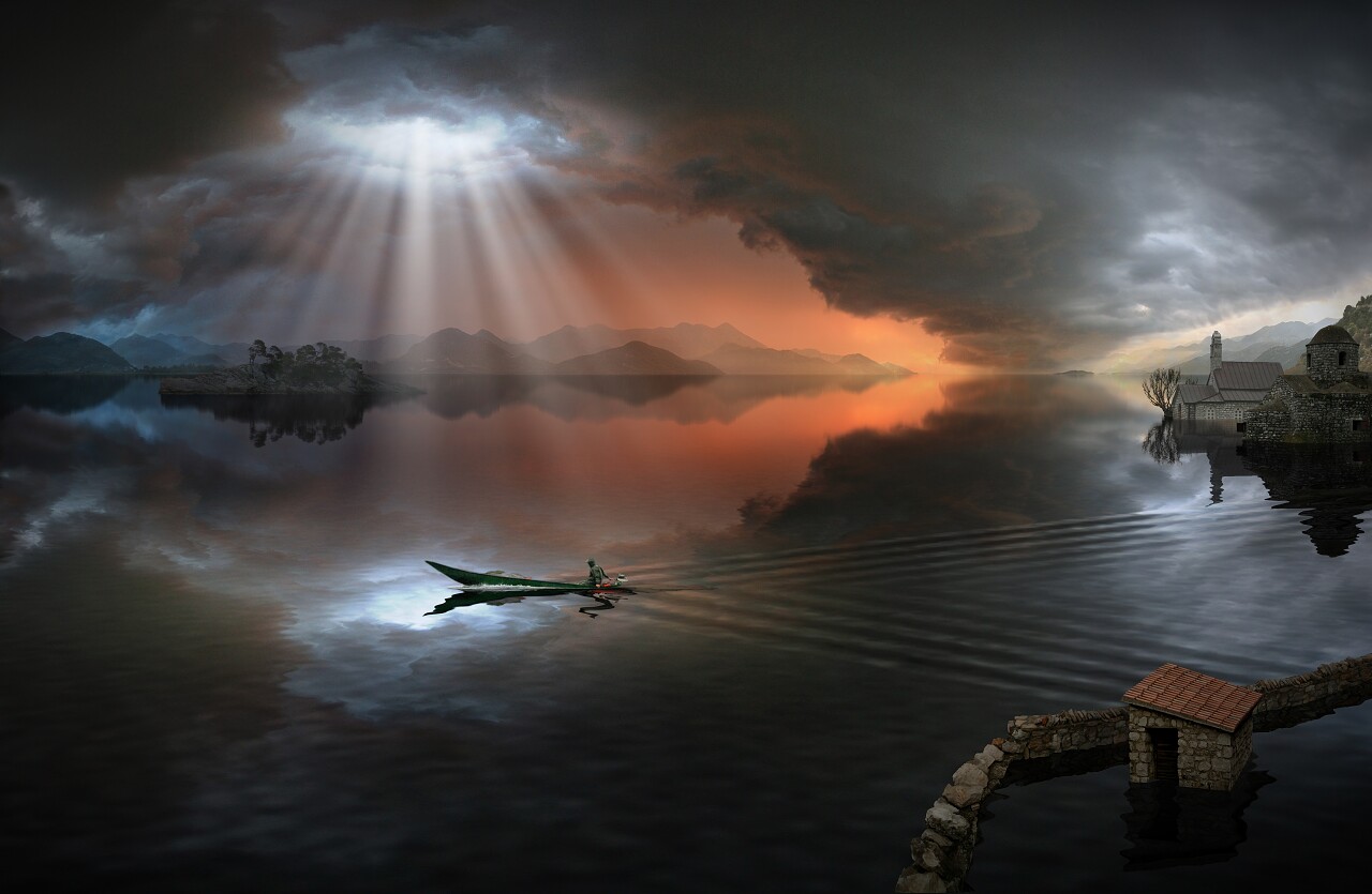 水墨古风玄幻阴云和阴天太阳光照在湖面的小船上