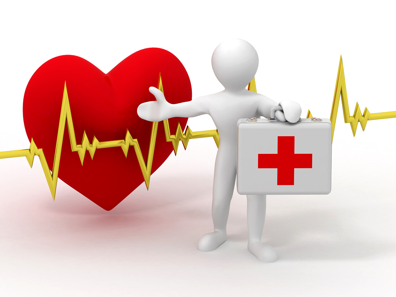 医疗急救3d模型跳动的心拿医药箱的3d小人