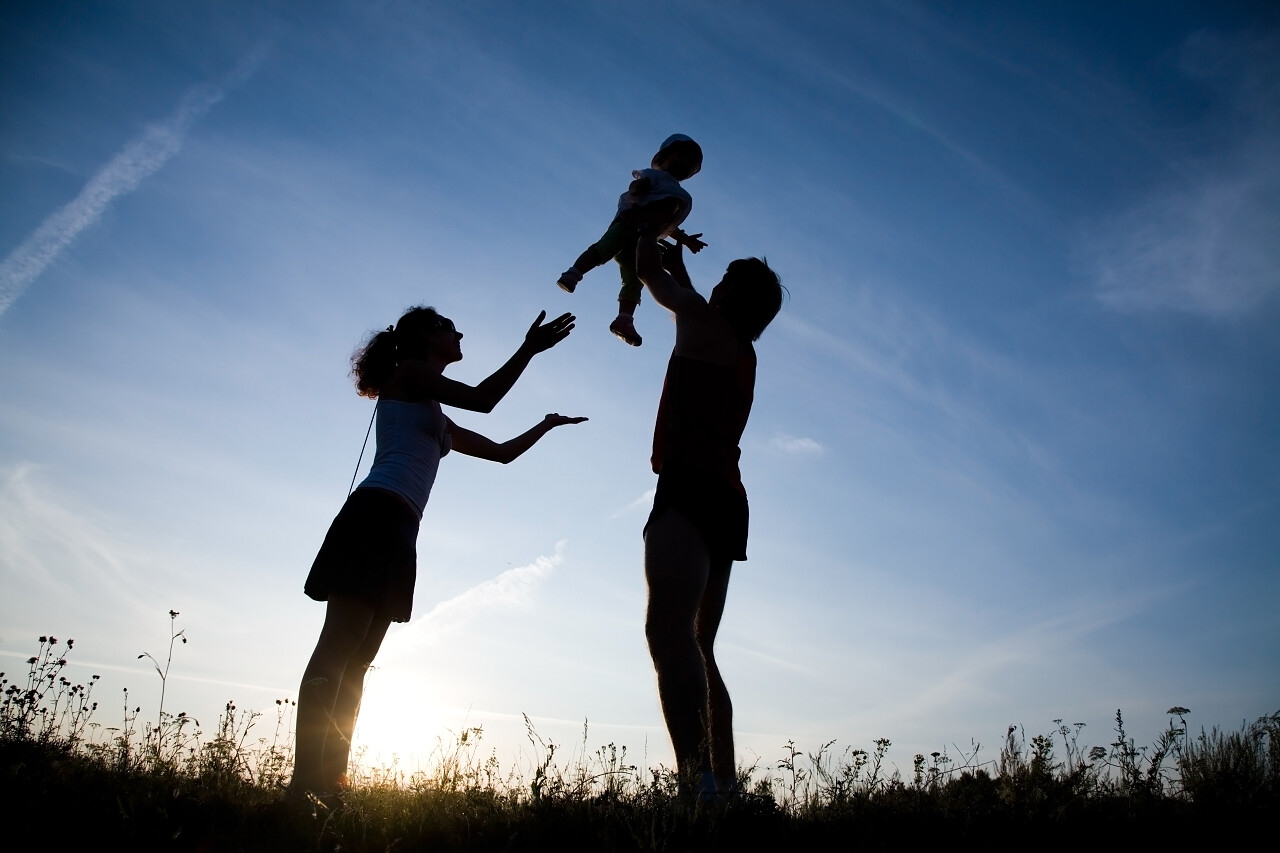 父亲节背影父亲节剪影父爱感恩父亲节仰视蓝天背景草地上一家三口开心玩耍黑色剪影幸福童年美好童年
