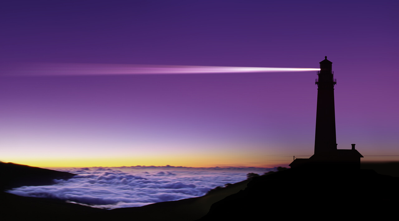 紫色唯美夜里探照灯光大海灯塔风景图