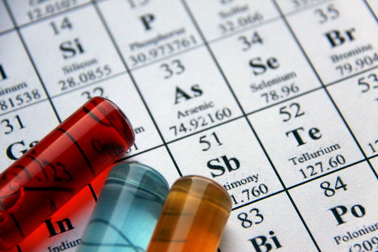 化学元素周期表背景上的彩色试剂瓶