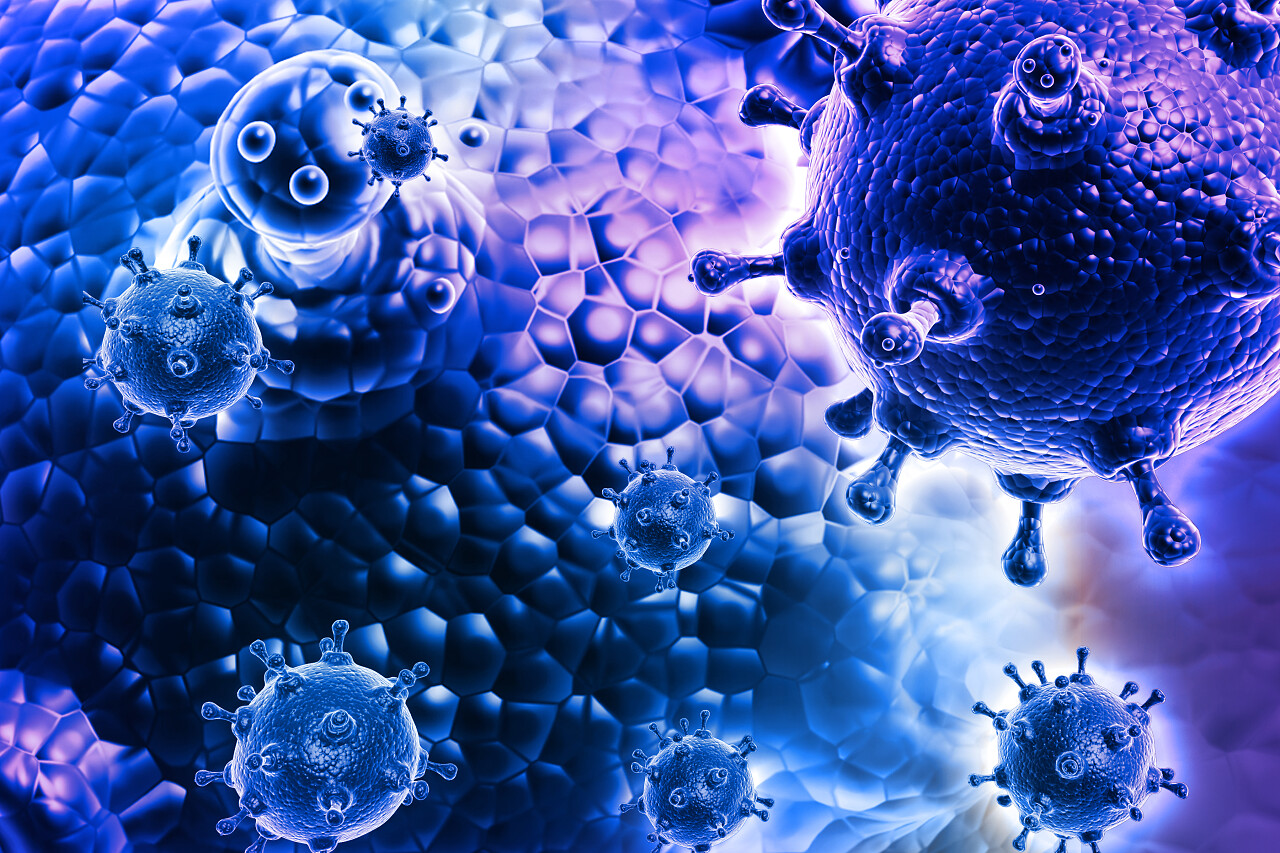 蓝色背景的流感病毒的危害侵入