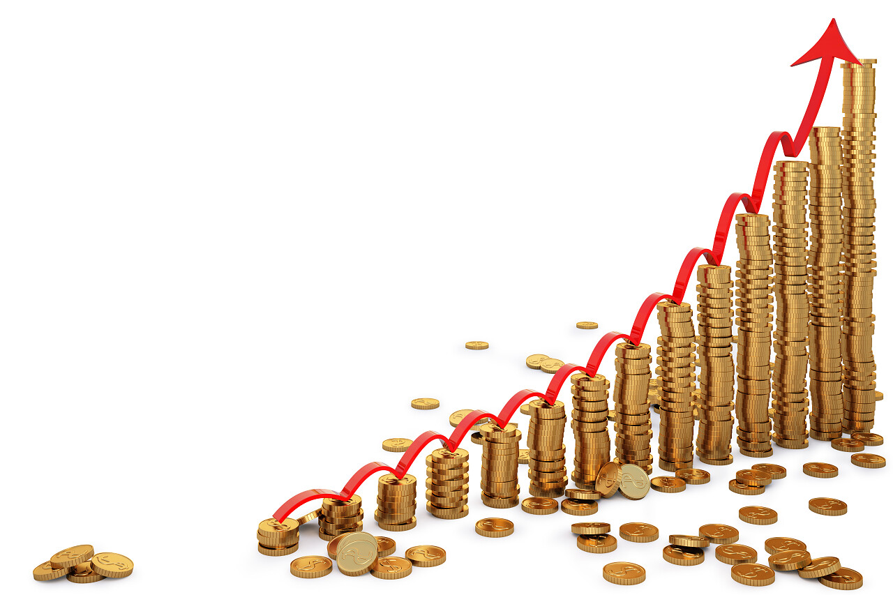 金融投资增长逐渐高的金币上升的箭头收入提升提升箭头提升价格物价上涨
