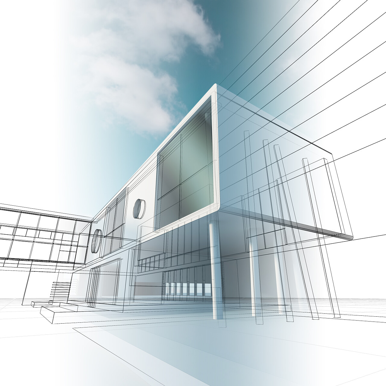 白底抽象手绘现代建筑办公楼建筑与设计专业图纸