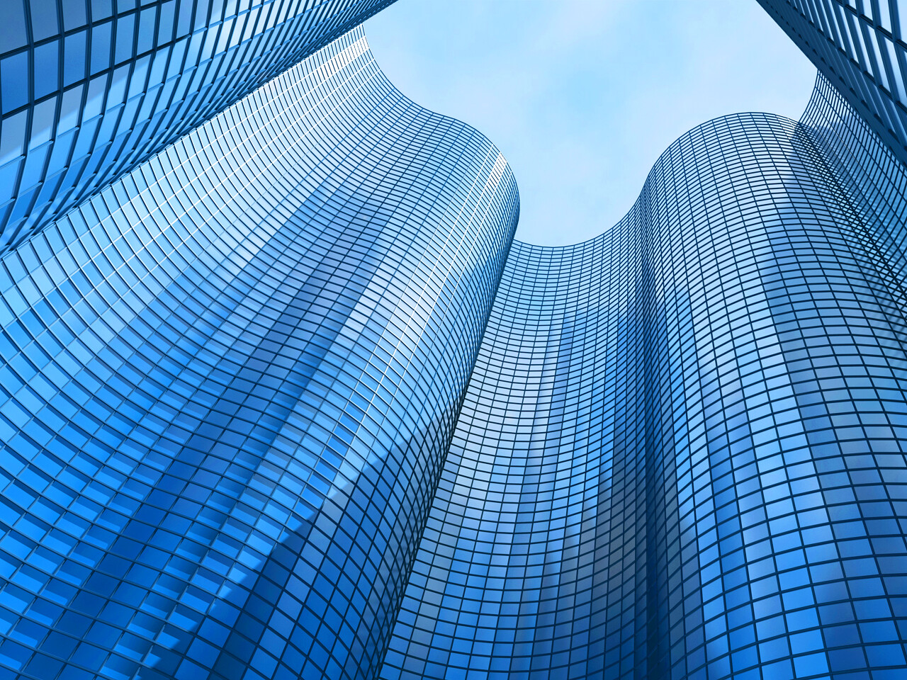 商务蓝色俯视3d渲染曲线玻璃高楼建筑