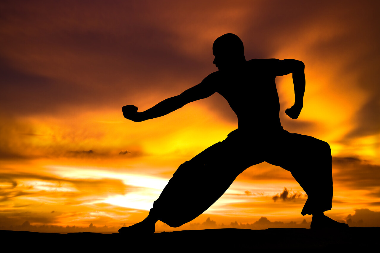 夕阳下练习武术的人黑色剪影