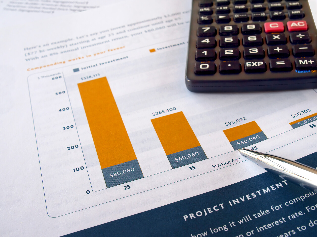 项目投资图表与计算器上的钢笔