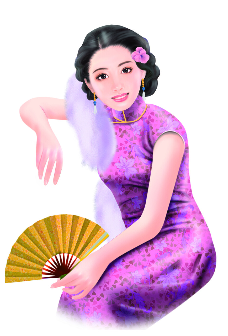 老风格的中国女人手绘图