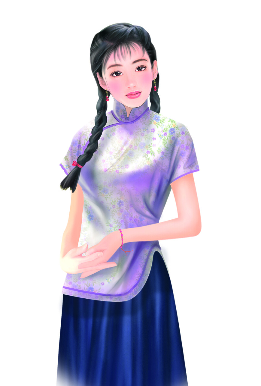 老风格的中国女人手绘图