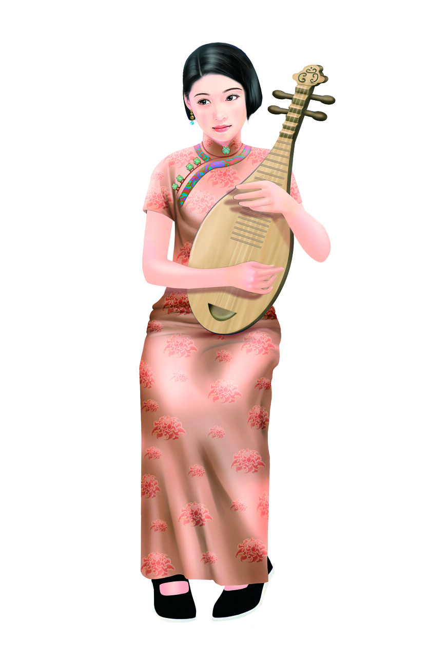 老风格的中国女人手绘图旗袍美女