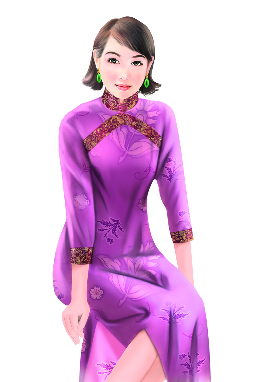 老风格的中国女人手绘图旗袍美女