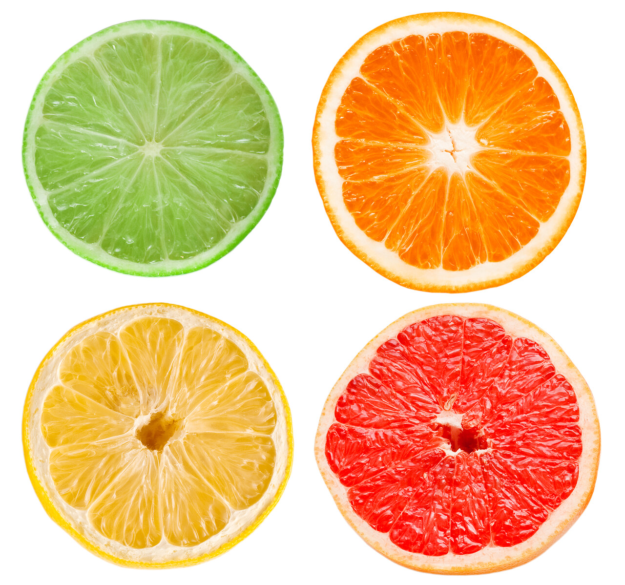 白色背景上各种颜色柑橘切面