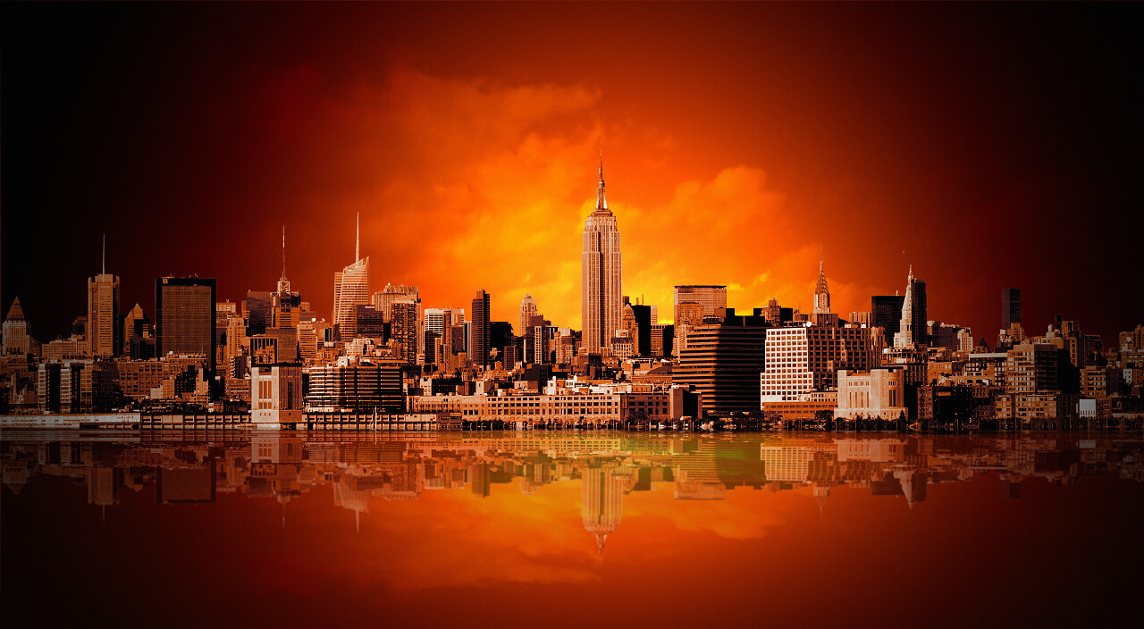 火烧云背景国外建筑景观旅游旅行纽约市全景美国旅游国外全球旅游