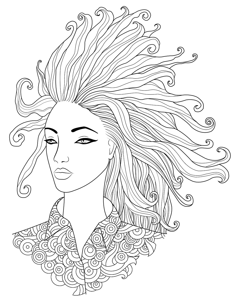 手绘线图一个美丽的女孩时尚卷发肖像