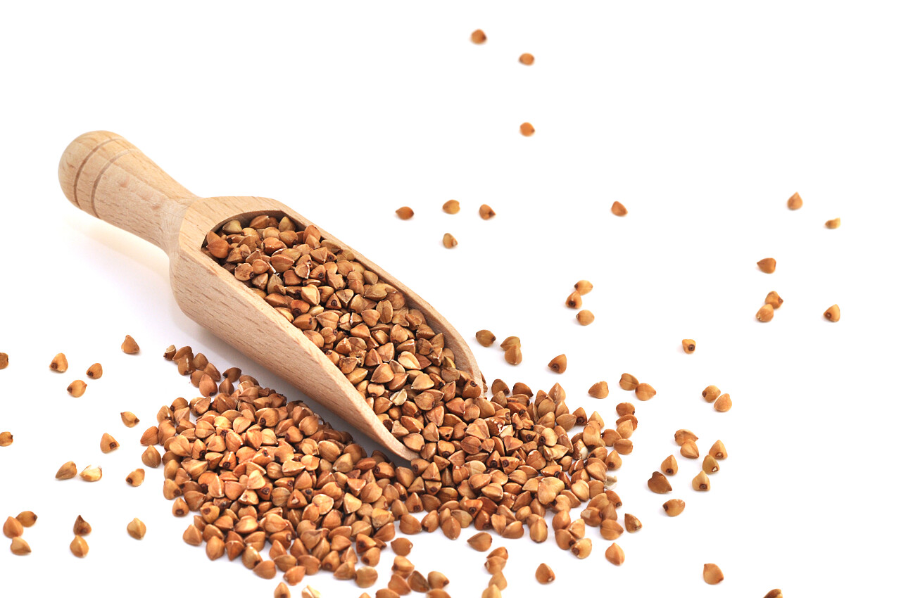 白底粮食荞麦在木瓢上的荞麦