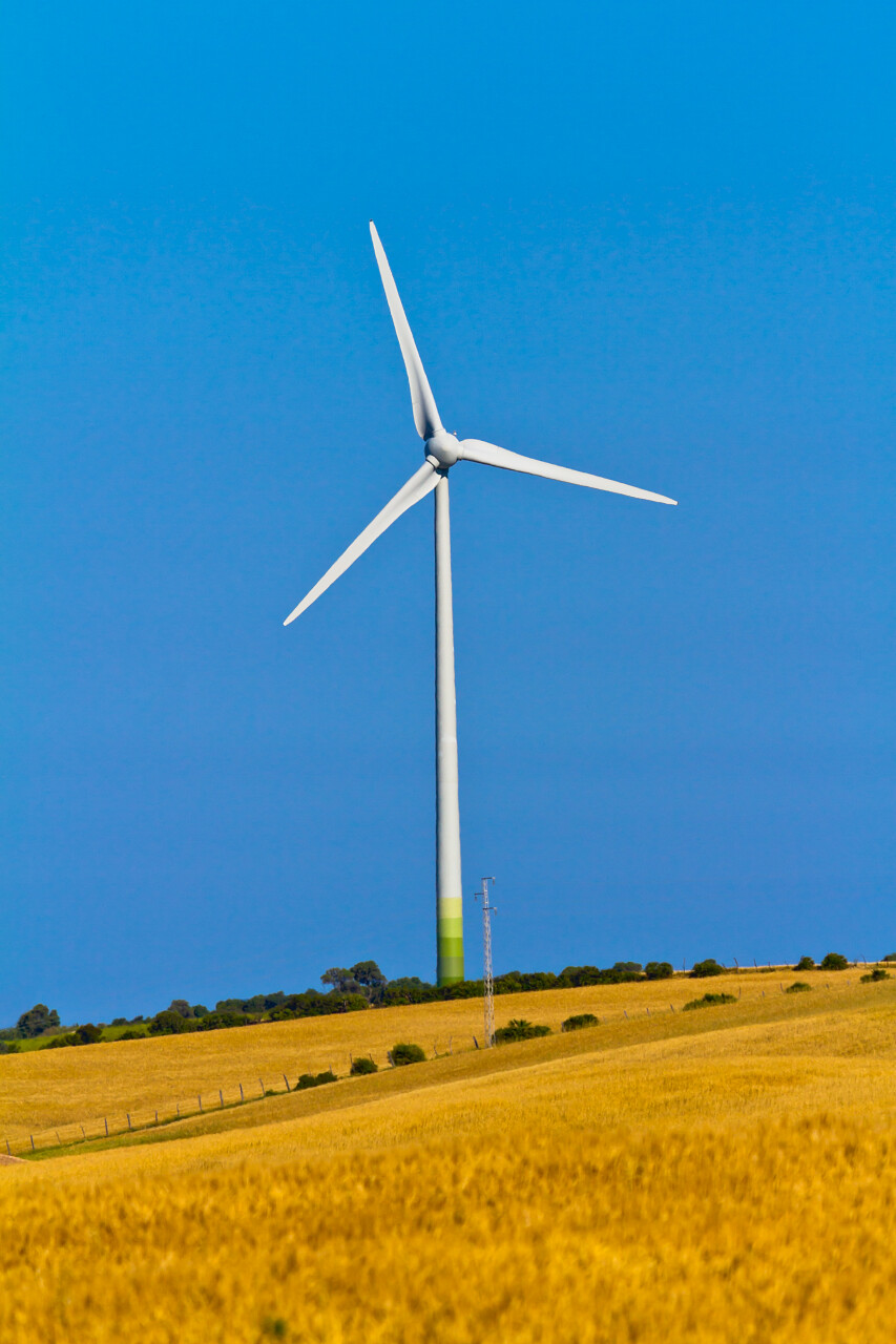 金色麦田里的风力涡轮机发电风车新能源发电