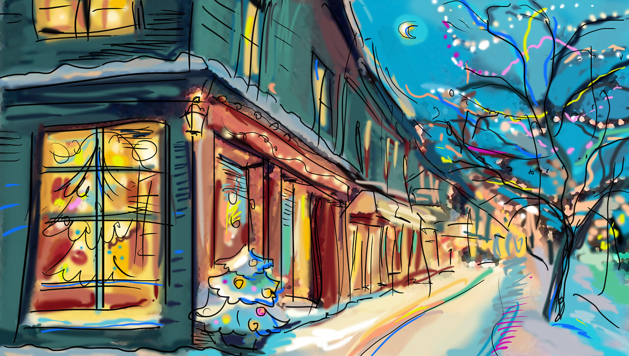 插画冬天圣诞节街道房屋圣诞树彩灯