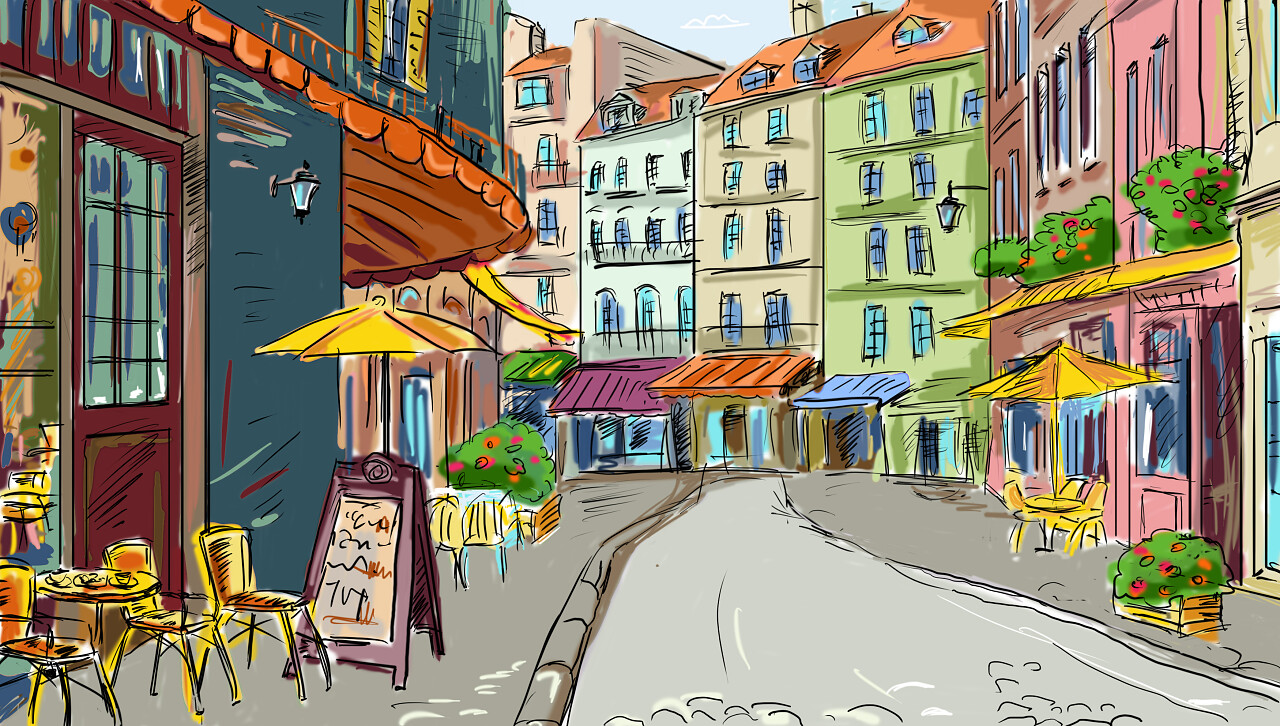 插画插图街头房子咖啡厅道路