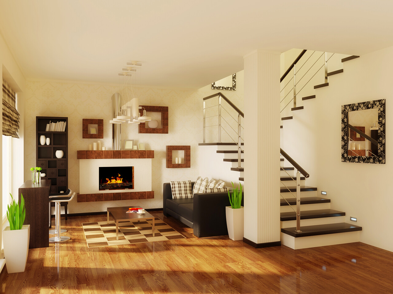 暖色调内室与木楼梯广角图片