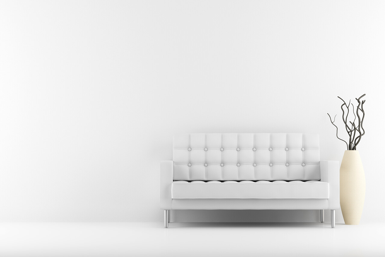 白底皮革沙发白墙前的干木花瓶