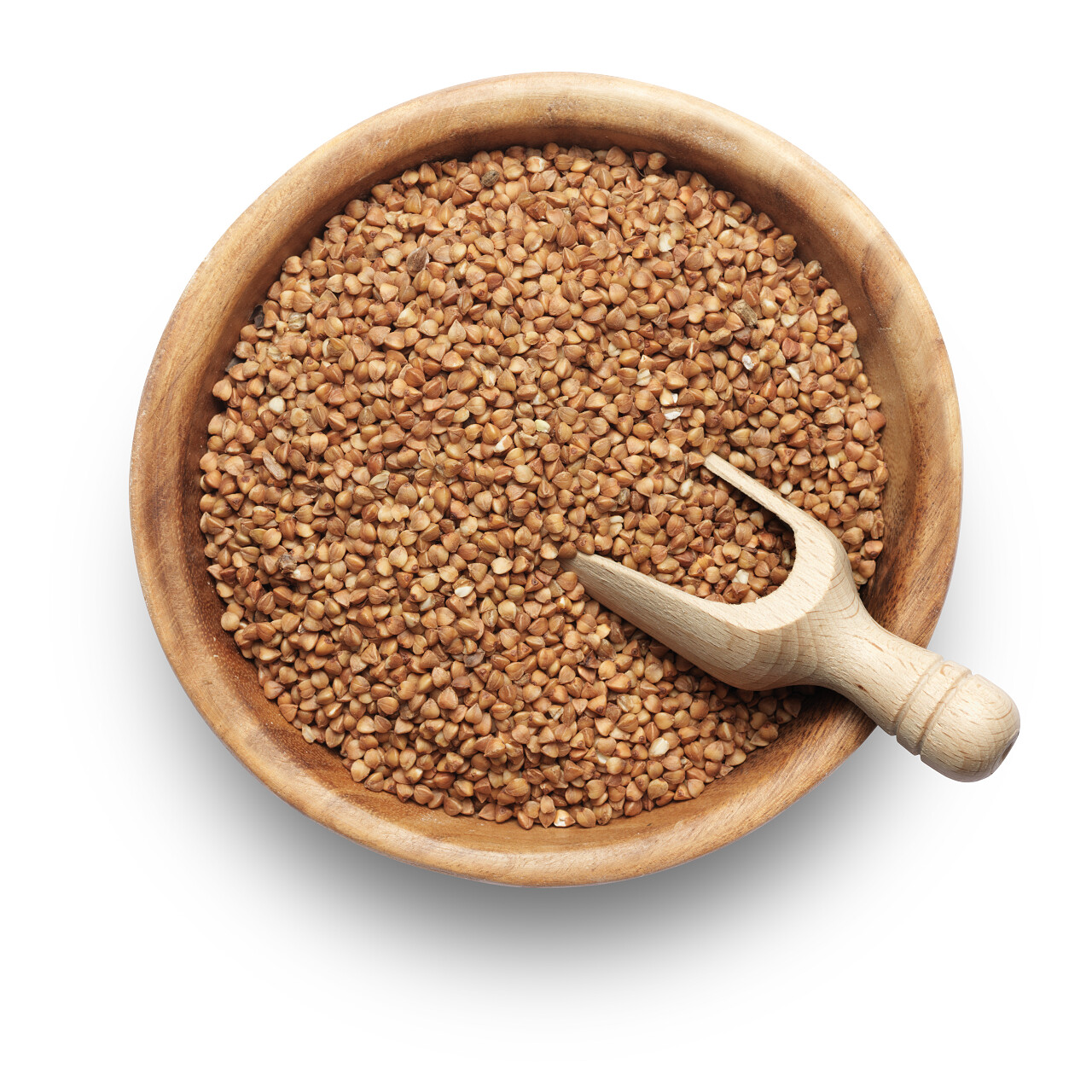 白底孤立的一盆荞麦木勺