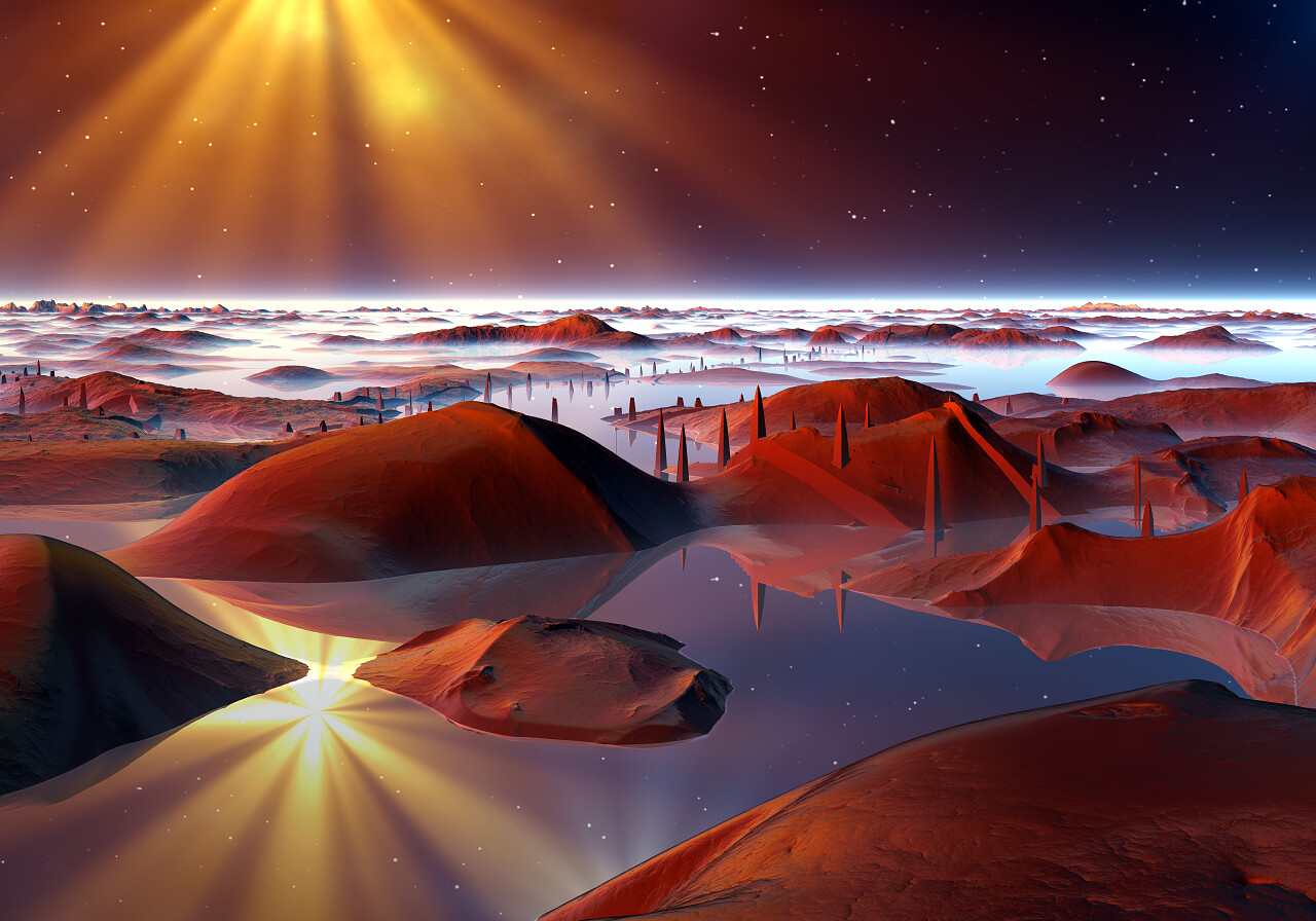 创意合成外星人的星球场面与神秘的光起伏的山丘柱和水图片