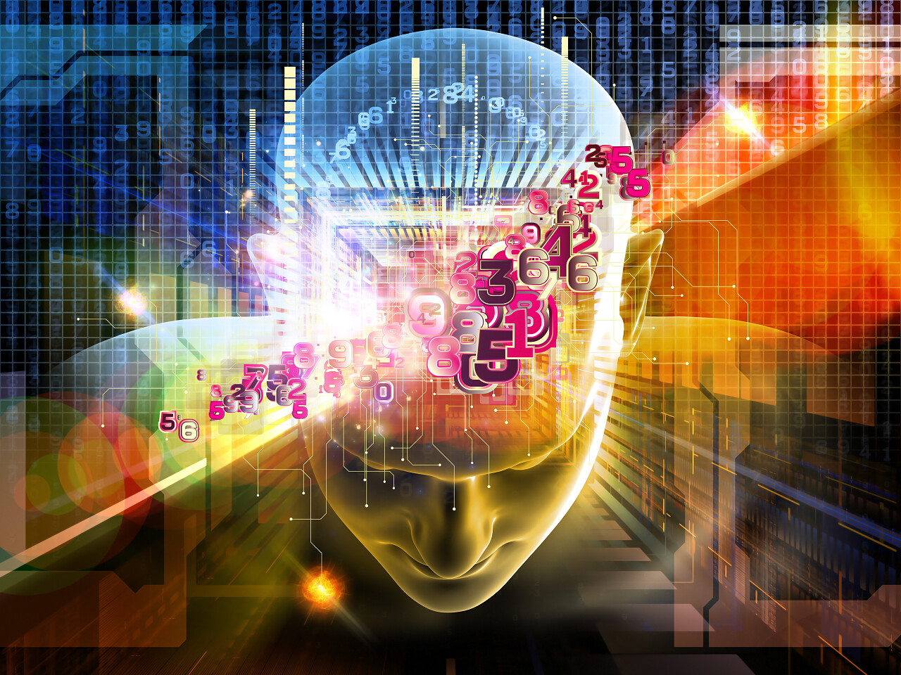 人体头部数字和主题的人工智能技术现代科学计算机技术和人权和各种抽象元素的抽象拼贴画