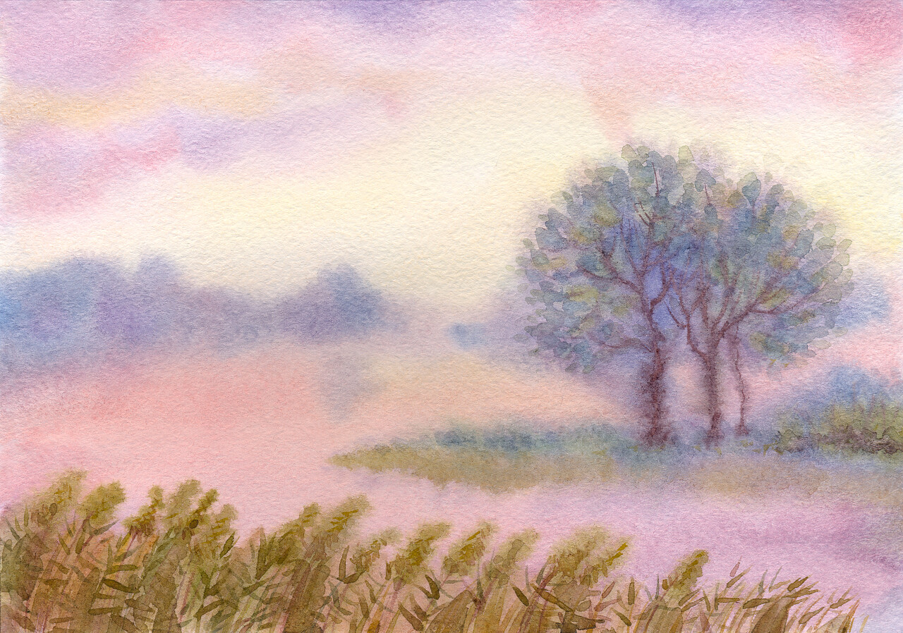 水彩风景在夏天在安静的湖下雾的早晨