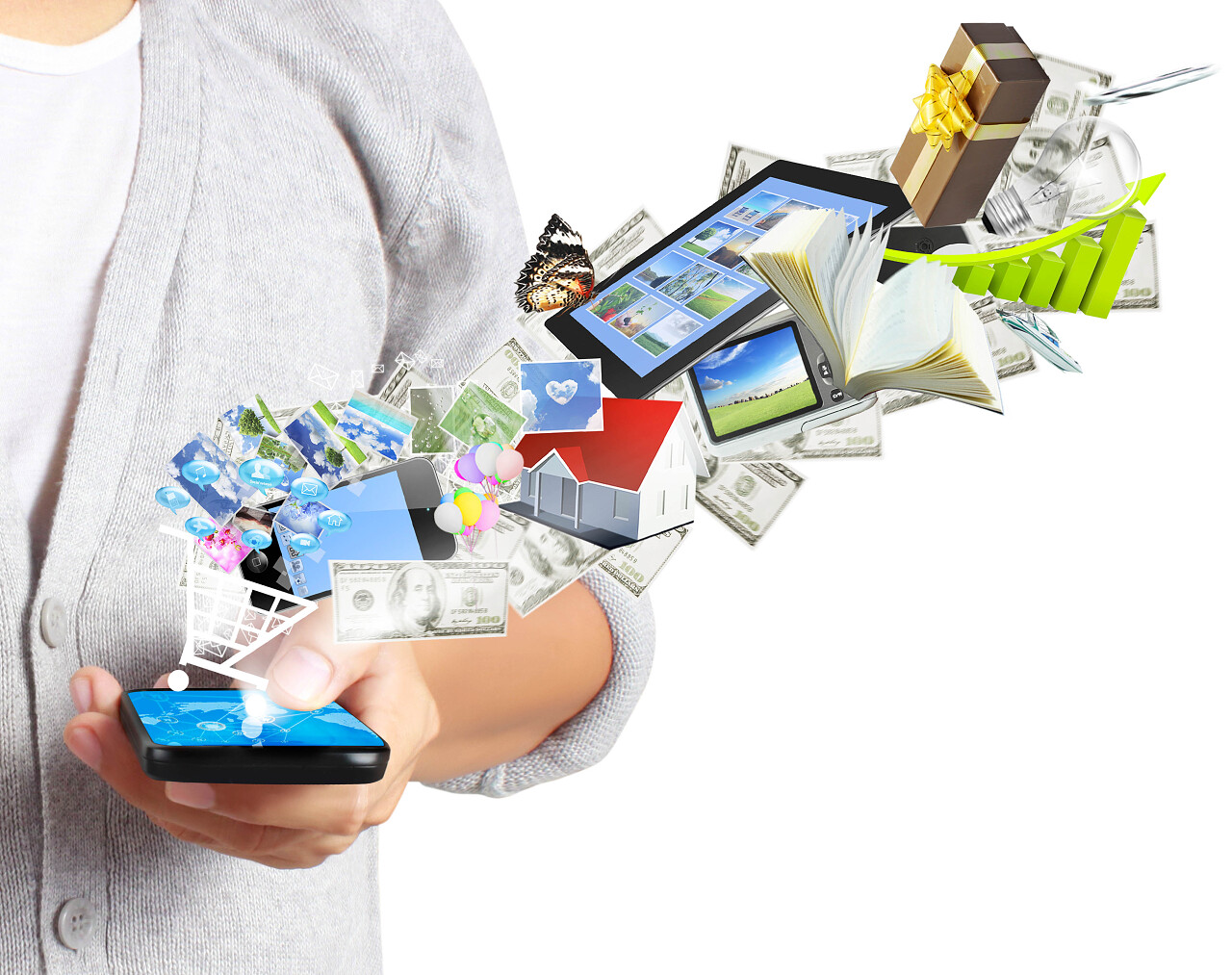 手持手机白色背景隔离