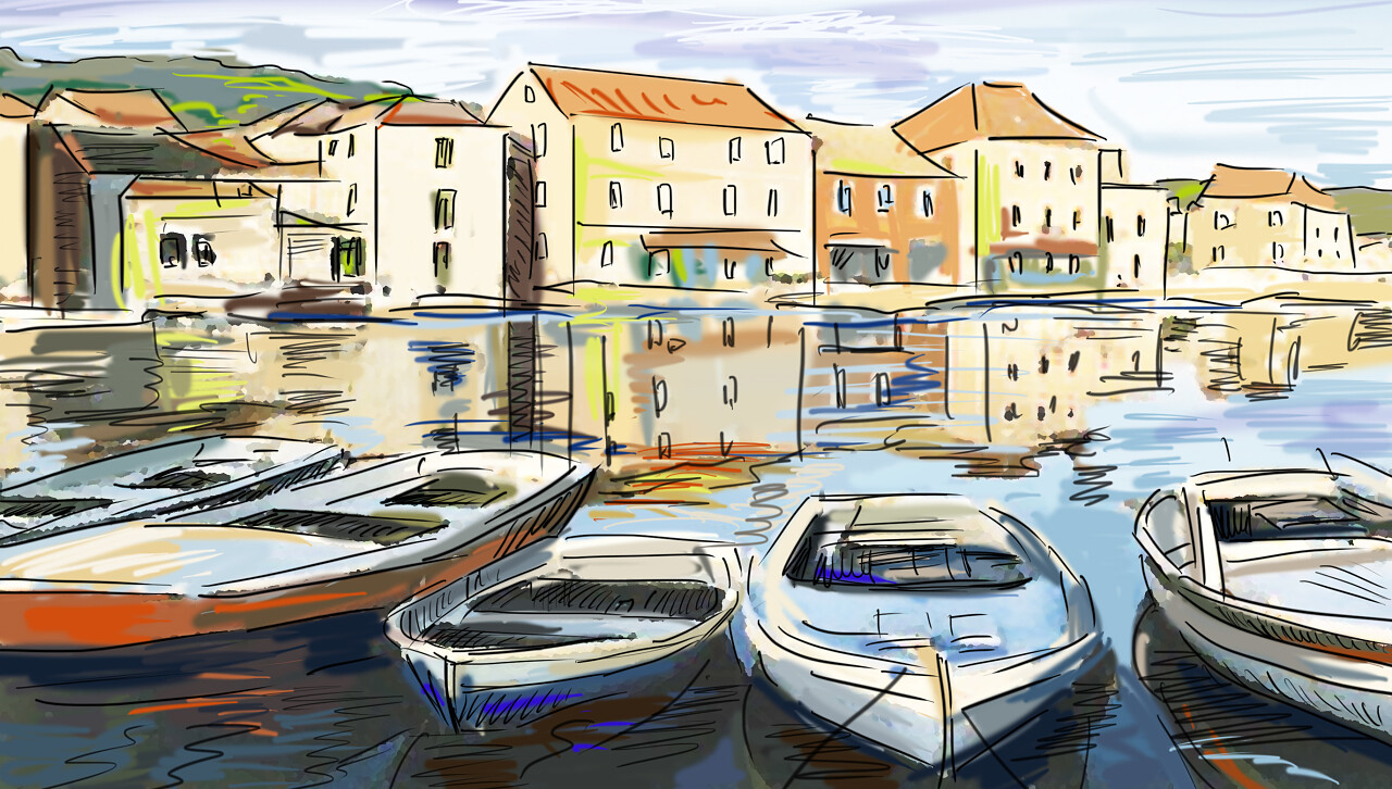 河边小城镇街道手绘图插图