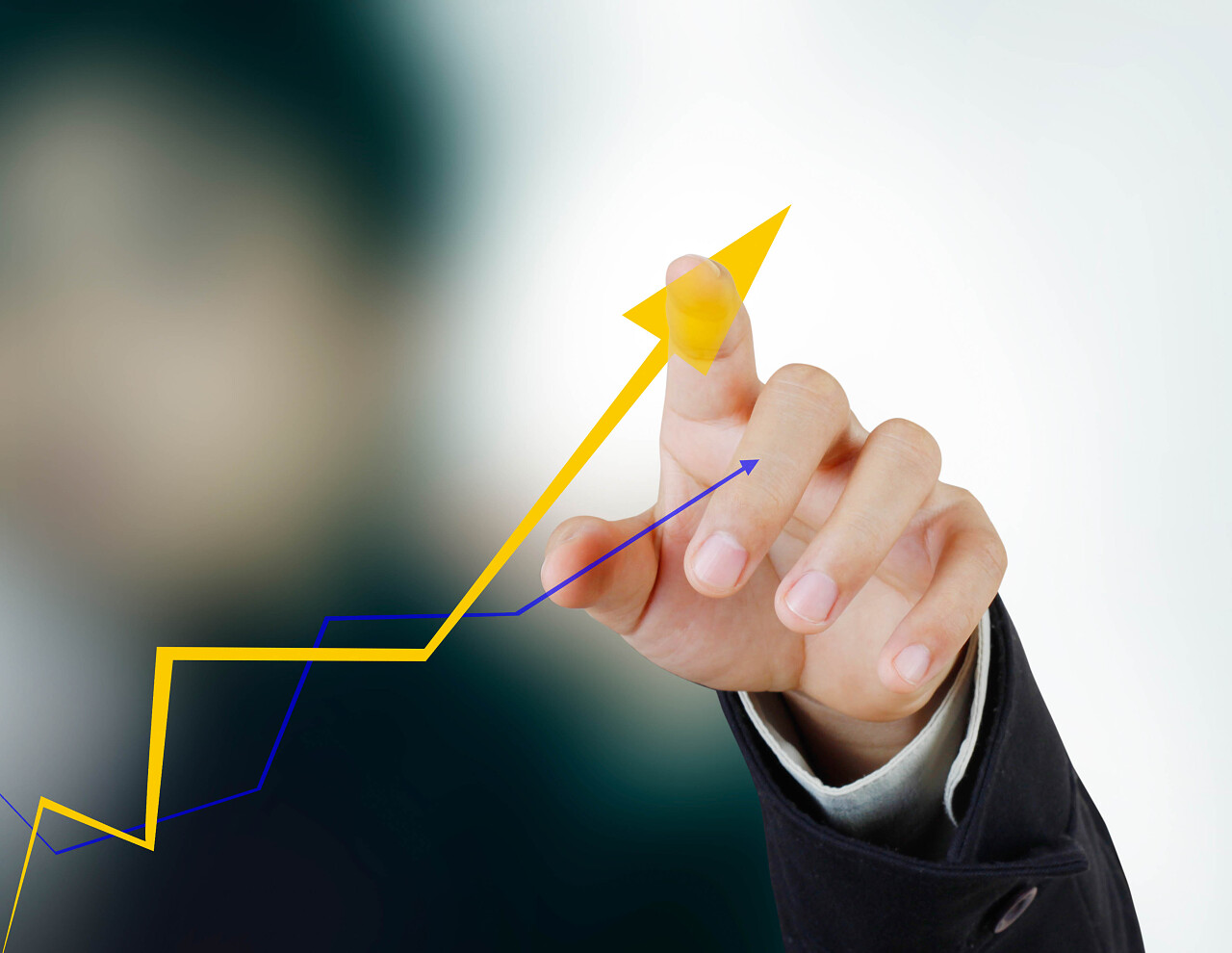 触摸与统计图表和数据信息的业务指标提升提升箭头提升点击手势