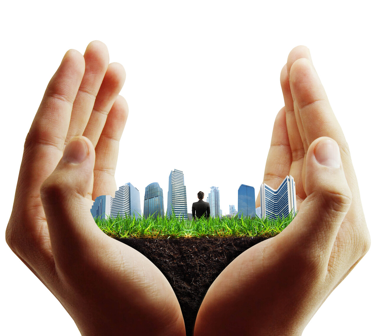 白色背景双手捧着商业建筑大楼