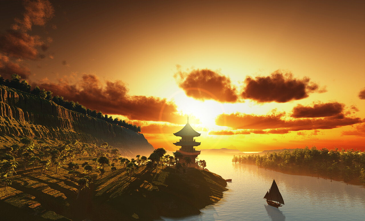 夕阳下湖水旁的阁楼