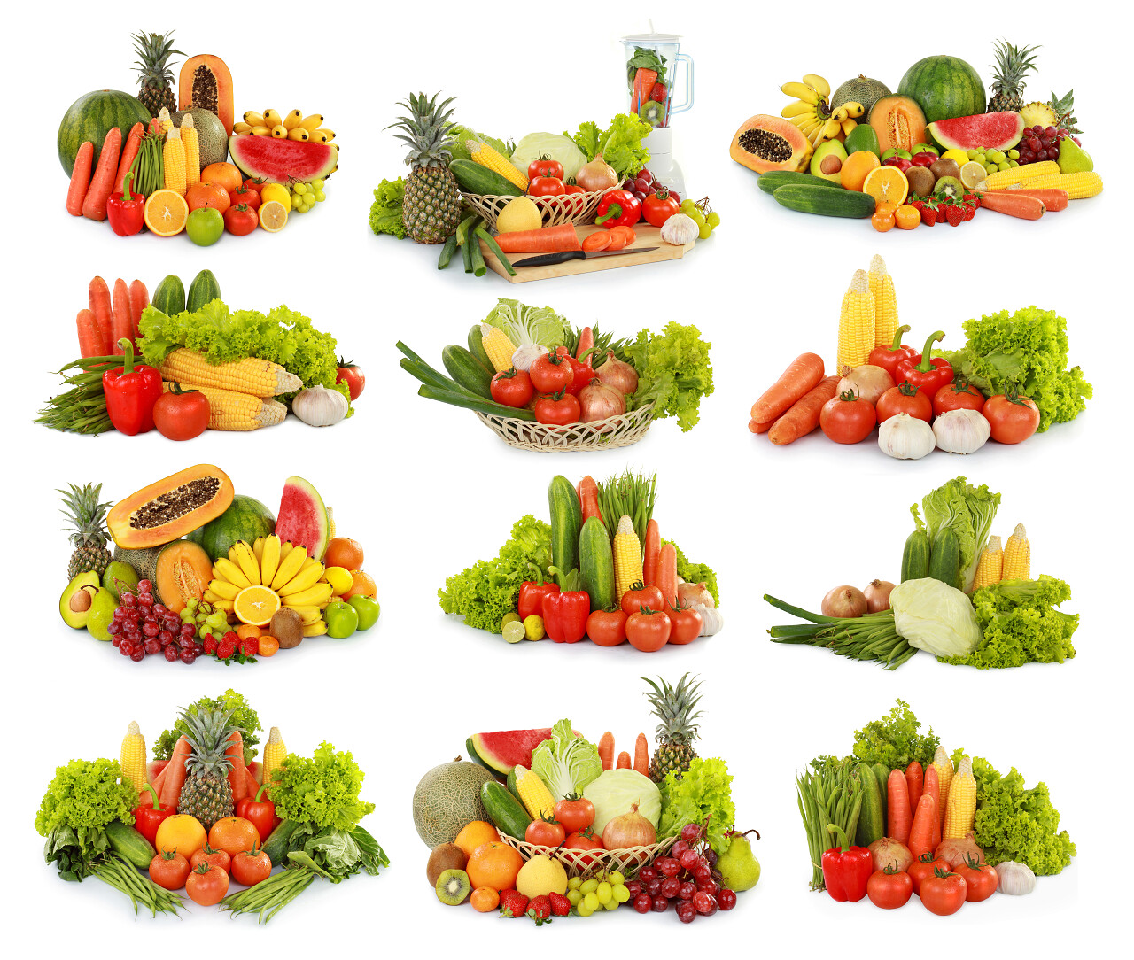 白色背景上的美味的新鲜水果和蔬菜集合