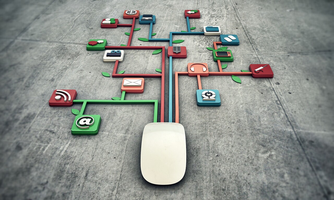 在水泥地面上的媒体图标上的白色鼠标连接在一起