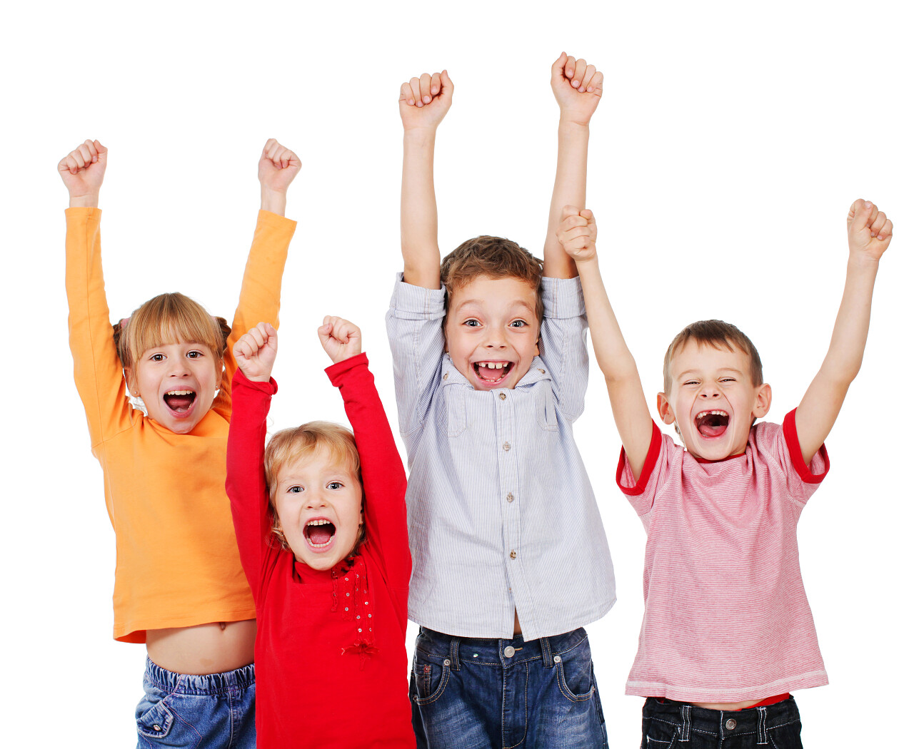 快乐的孩子用他们的双手笑容笑脸