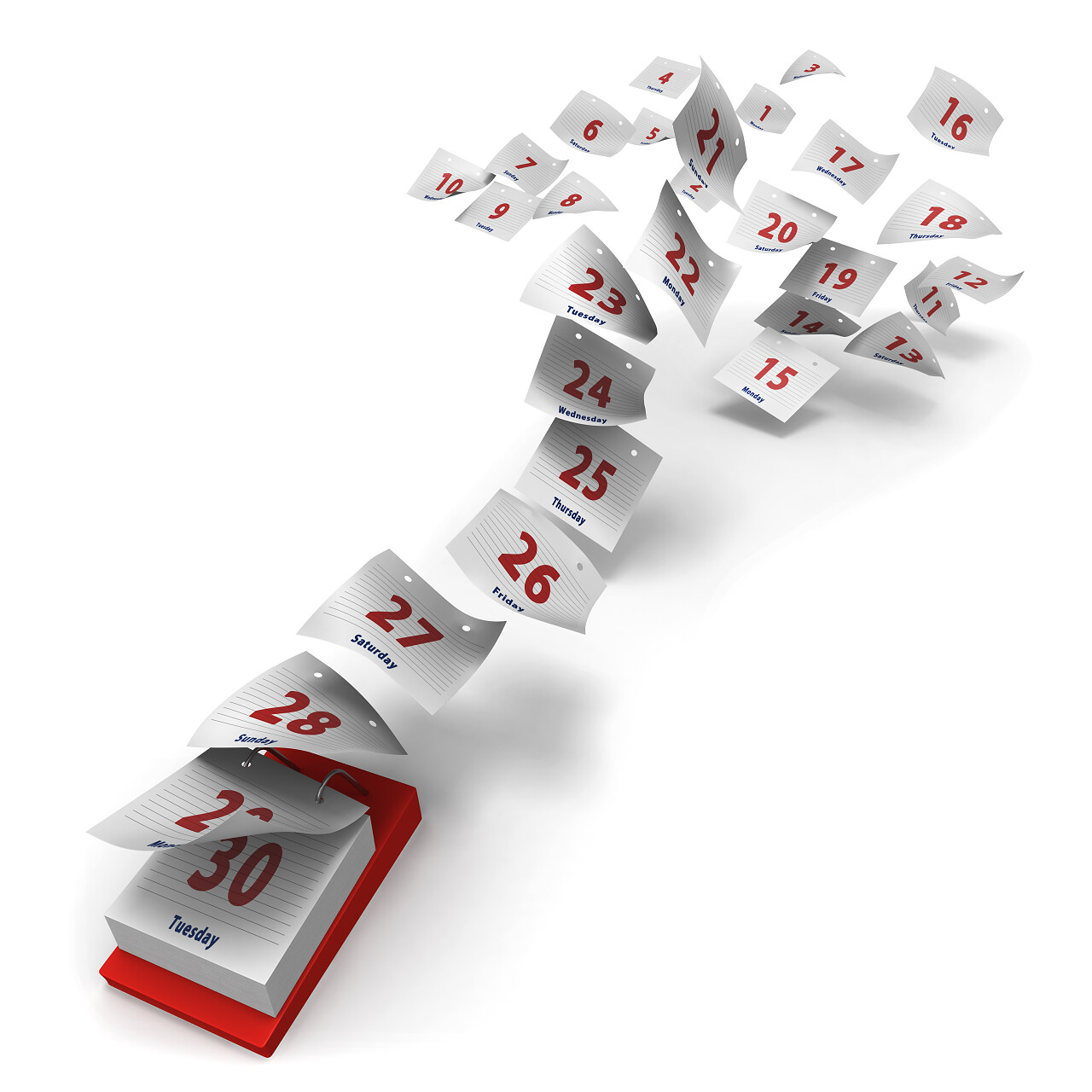 飞在白色背景上的桌面日历
