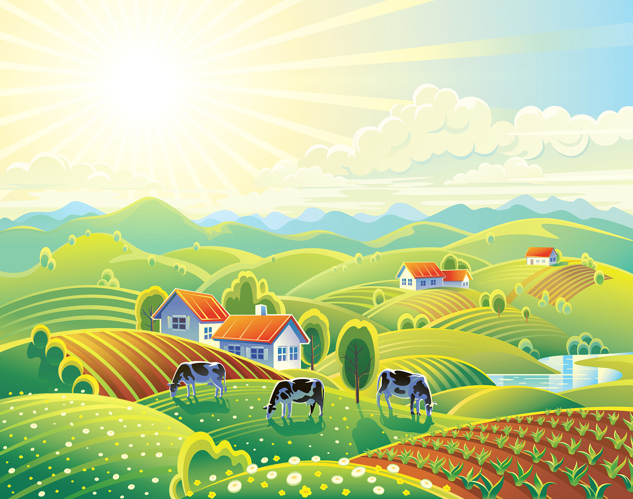 农村夏日风景卡通图