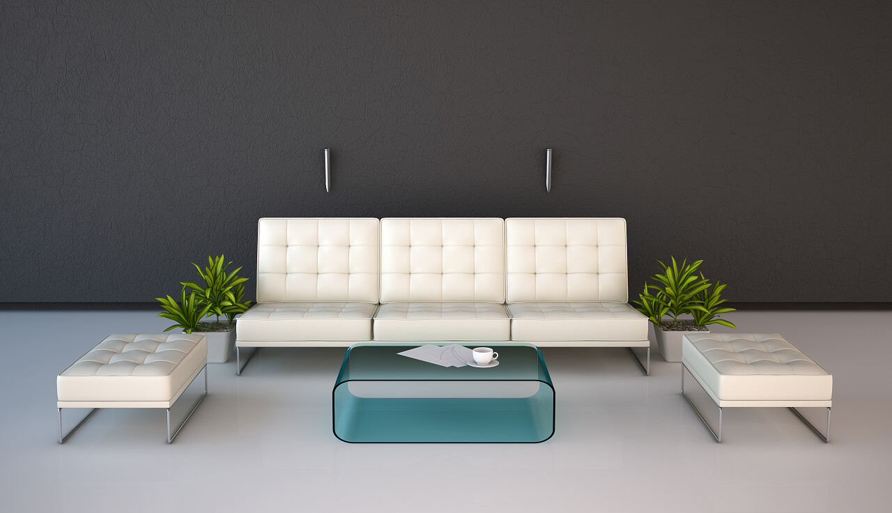 暗墙上白色皮革家具和玻璃茶几