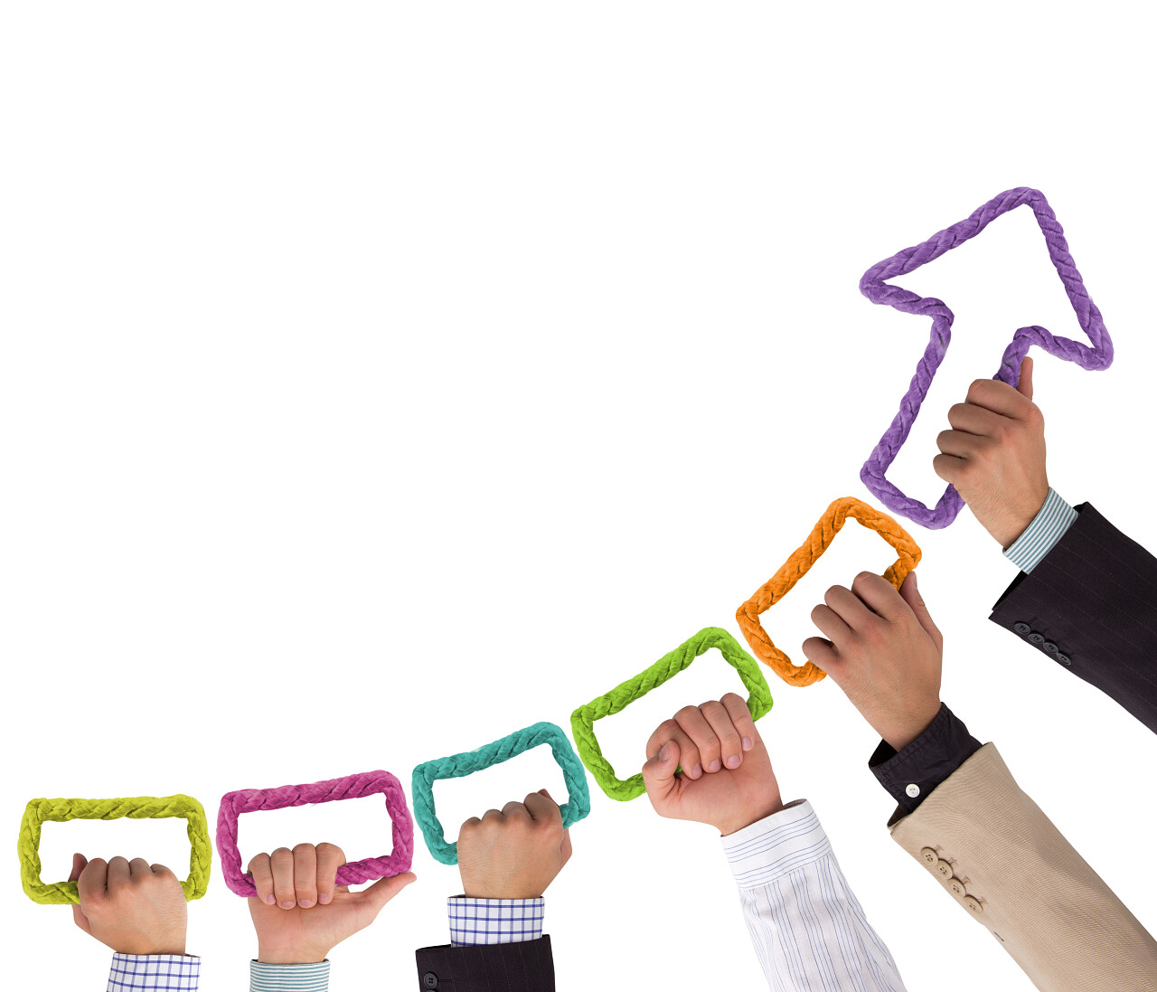 手中持有多彩绳形成向上箭头目标团队协作团队合作激励提升箭头提升