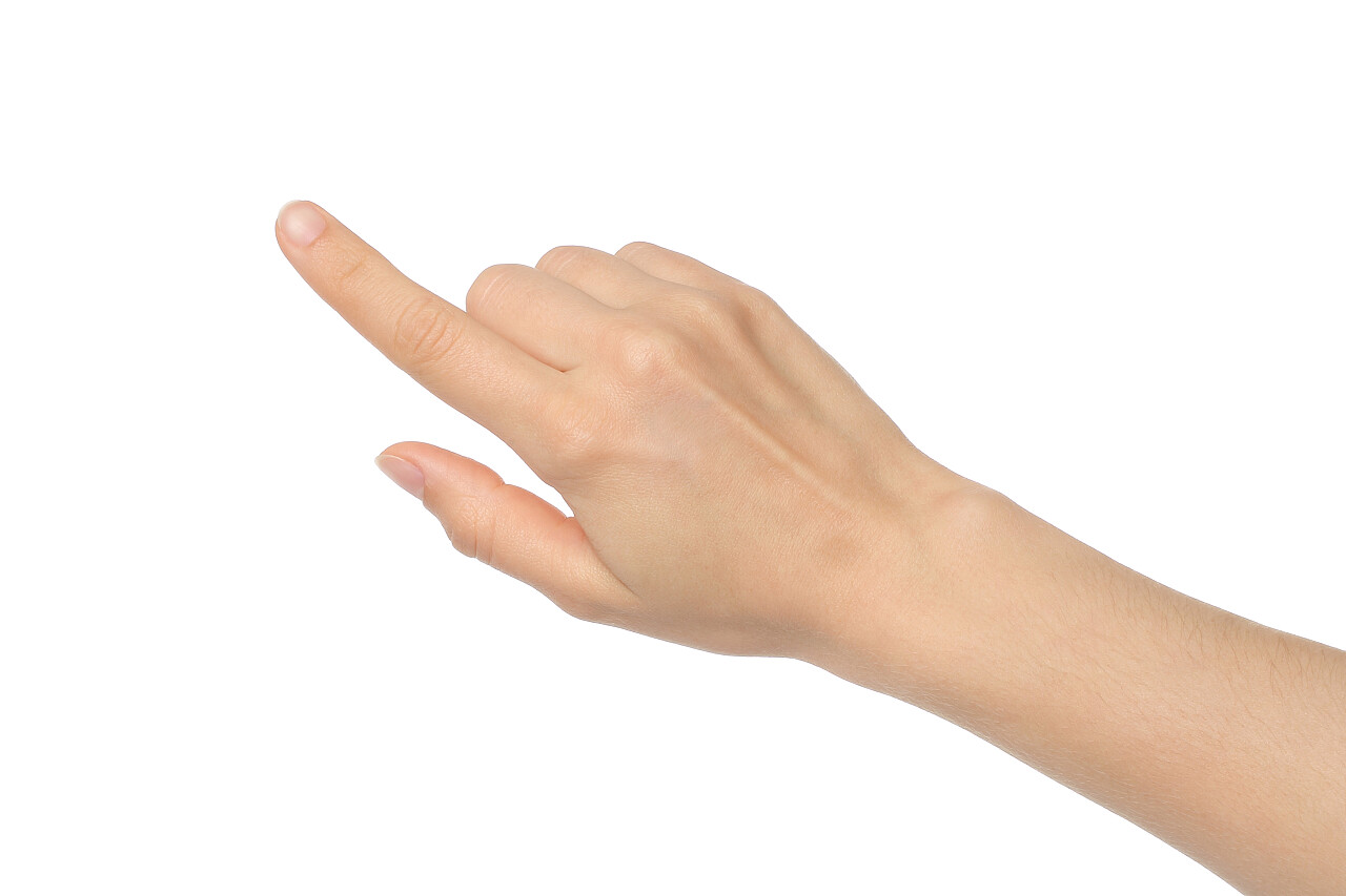 白底上女人的手指向一个方向的特写点击手势